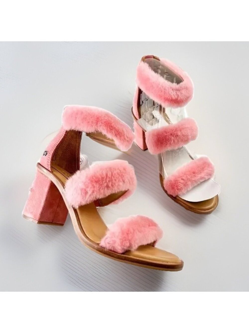 UGG sandals womens 6 Pink Del Rey Fluff Heel Open Toe Zip Closure